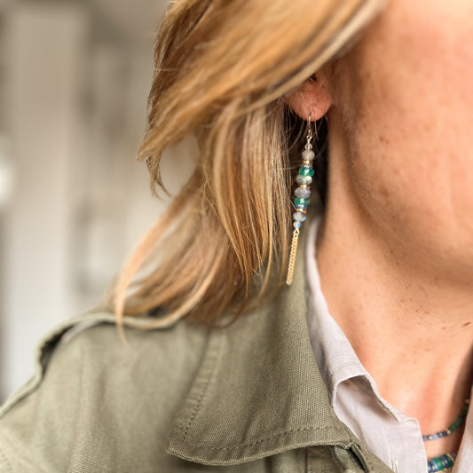 Boucles d'oreilles Tamara agate verte, kyanite et labradorite