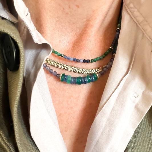 Collier Ina en iolite, kyanite et agate verte