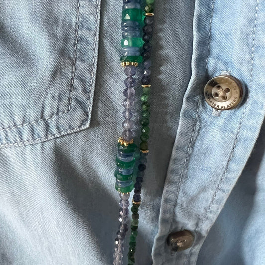Collier Ina en iolite, kyanite et agate verte