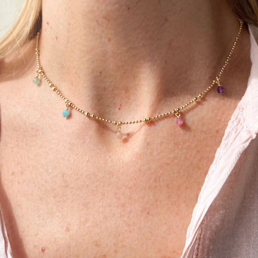 Collier Jasmine à pampilles roses vertes bleues violettes