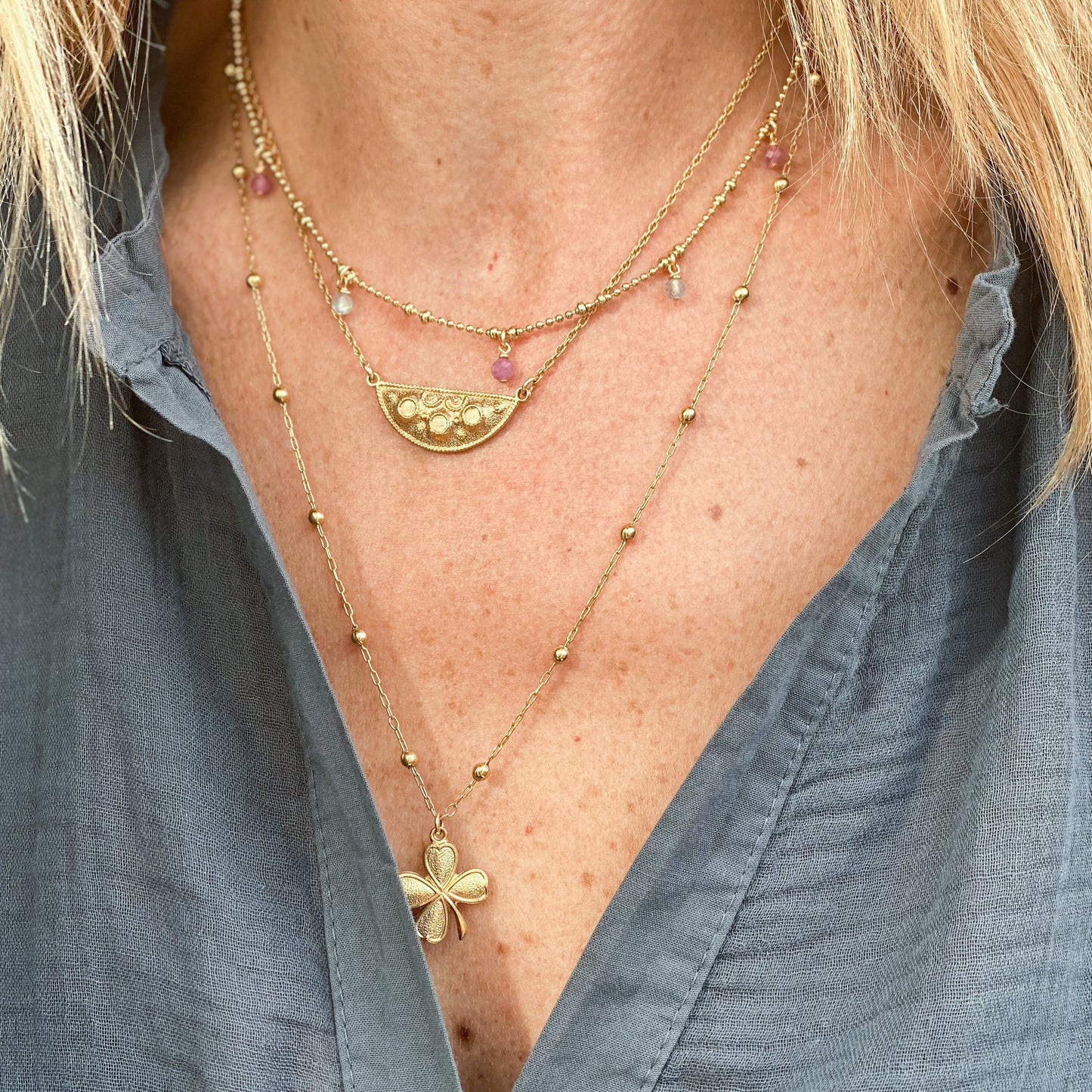 Collier Jasmine à pampilles en tourmaline rose et labardorite grise