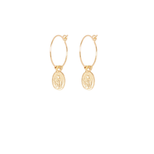 Mini créoles fines surmontées d'une médaille avec une vierge