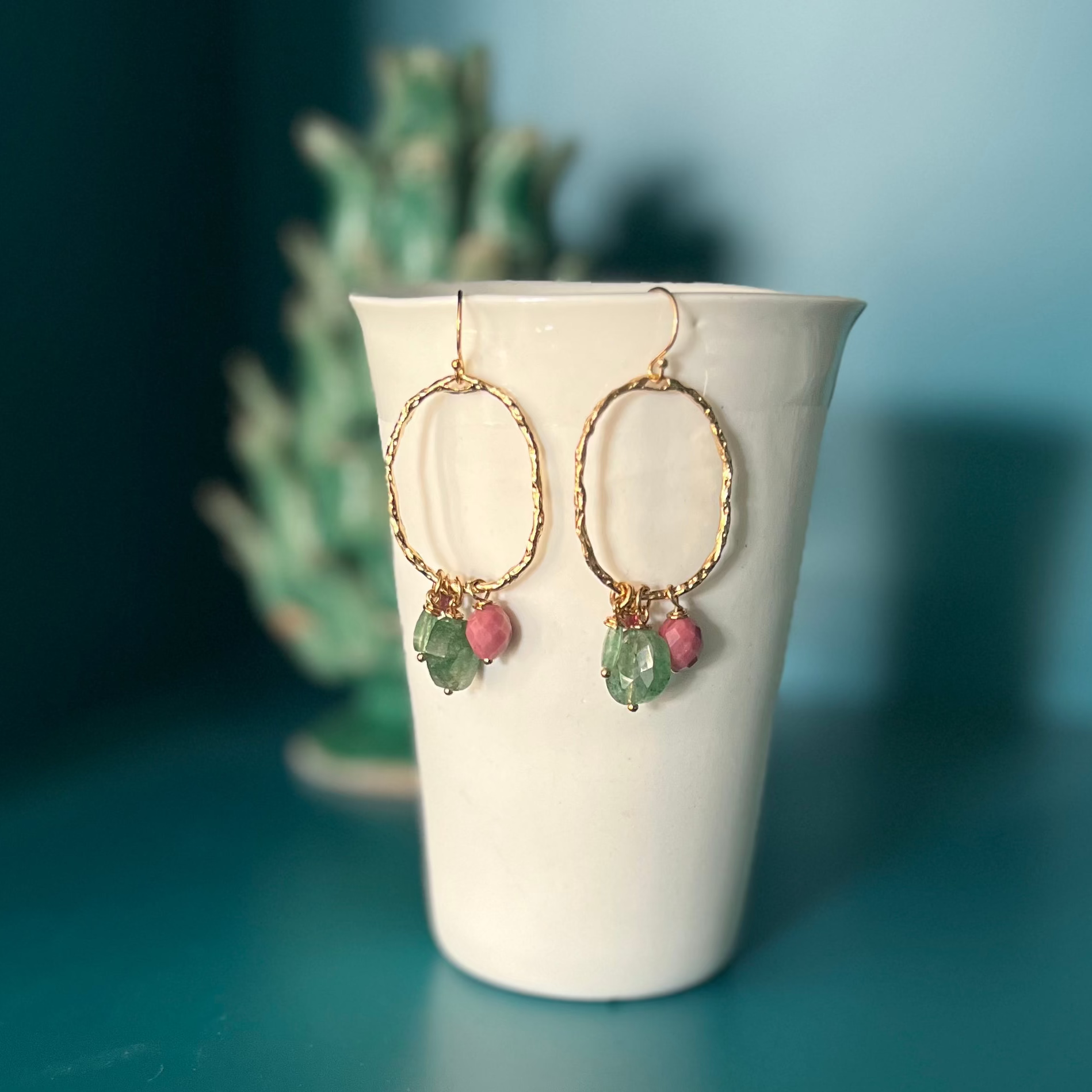 Boucles d’oreilles pendantes ovale rhodonite aventurine 