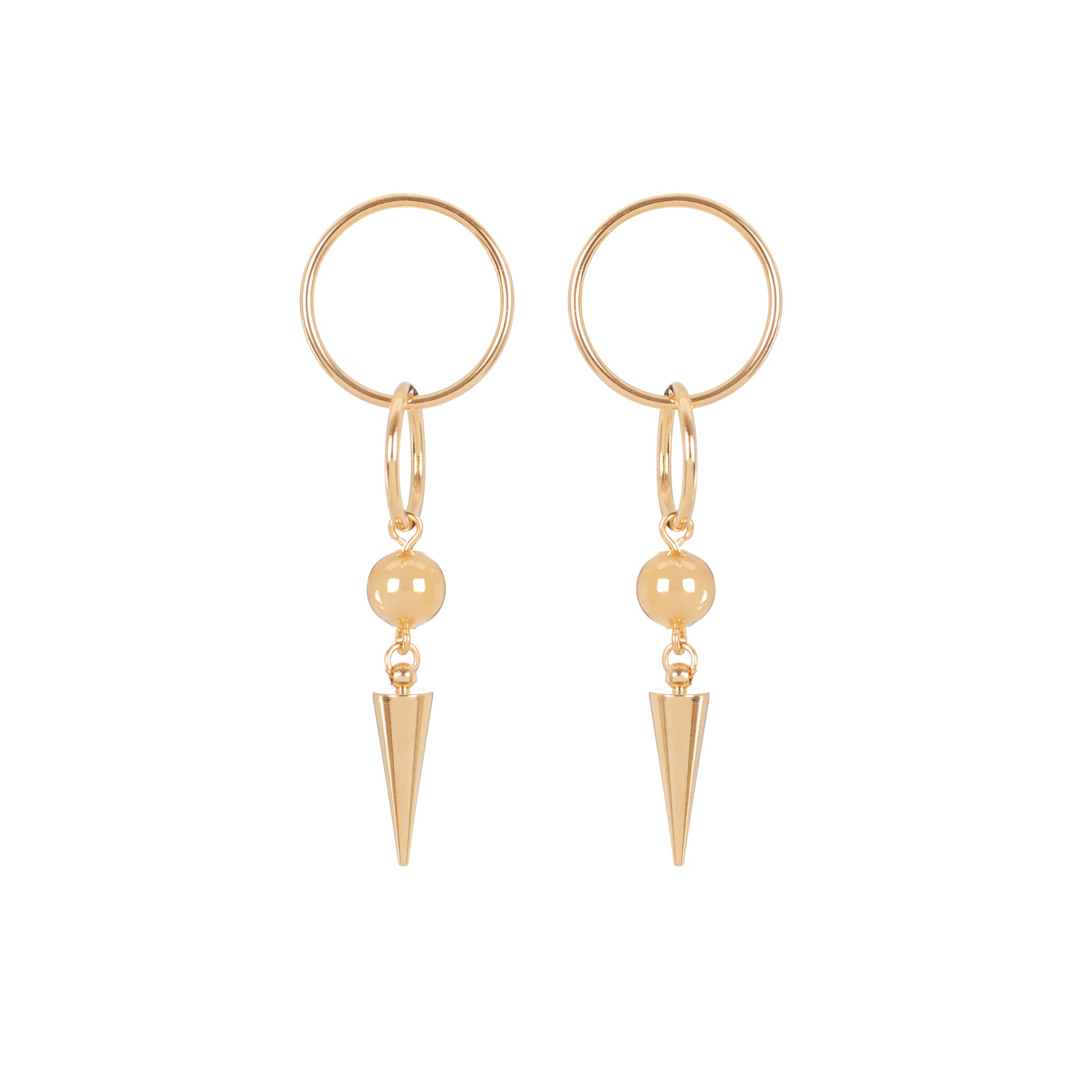 Boucles d'oreilles pendantes composées d'anneaux d'une bille dorée et d'un pic pour un look glam rock